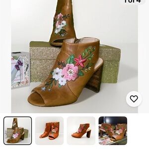 Embroidered Floral Open-Toe Block Heel Mules - Orange